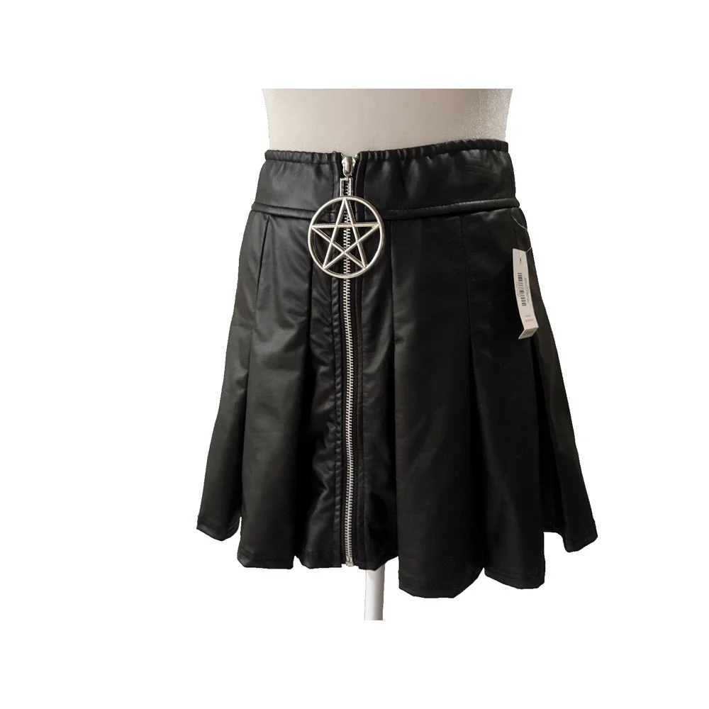 NWT Spencers Black Faux Leather Pleated Pentagram Zipper Mini Skirt Goth Alt S